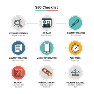 An infographic titled "SEO Checklist" with a series of icons and text, illustrating a step-by-step process for SEO. The steps include: Keyword Research (magnifying glass), On-Page Optimization (gears on a webpage), Content Creation (pen on paper), Mobile Optimization (smartphone), Page Speed (stopwatch), Internal Linking (chain links), and Backlink Building (inbound arrows).