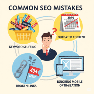 An illustration titled 'COMMON SEO MISTAKES'. A person with a questioning expression is at the center, surrounded by four circular icons representing common errors. These include a basket overflowing with keyword tags ('KEYWORD STUFFING'), a calendar with the year 2010 crossed out ('OUTDATED CONTENT'), a broken chain link with a '404 ERROR' flag ('BROKEN LINKS'), and a desktop and mobile screen showing a broken image icon ('IGNORING MOBILE OPTIMIZATION').