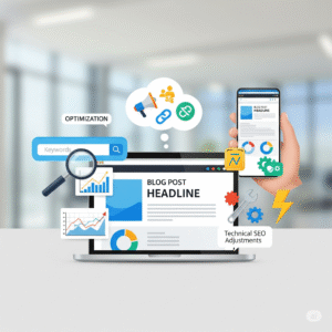 Digital workspace concept illustrating On-Page SEO optimization with a laptop showing a blog post, surrounded by icons for keywords, analytics, content marketing, technical adjustments, and mobile optimization.