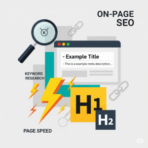 Graphic illustrating key On-Page SEO elements: Keyword Research (magnifying glass over search terms), Meta Description (example snippet), Header Tags (H1, H2), and Page Speed (lightning bolts)