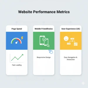 A visual diagram showing web performance metrics: page speed, mobile-friendliness, and user experience. Include icons for mobile, desktop, and speedometer charts. Professional, clean style with Google-style color palette.