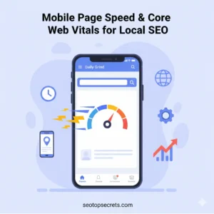 Modern flat illustration of a smartphone displaying a fast-loading website with speedometers and lightning bolt icons, symbolizing mobile SEO optimization and page speed analysis for local businesses.
