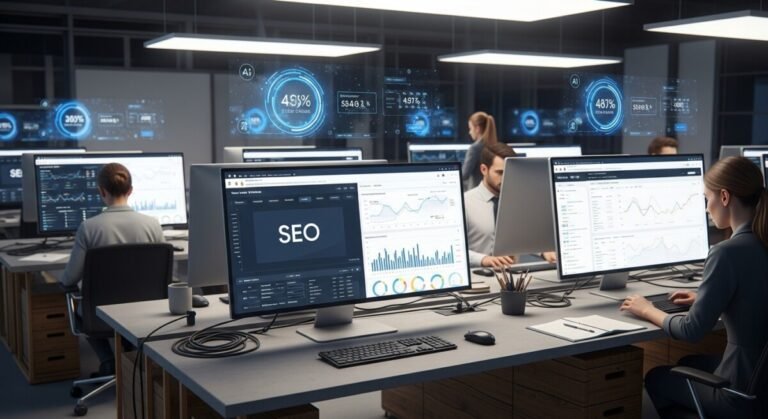 "A futuristic digital newsroom with multiple monitors showing SEO analytics, charts, and Google search data, subtle AI elements, professional and clean workspace, realistic lighting, minimalistic design, high-resolution, text " SEO"