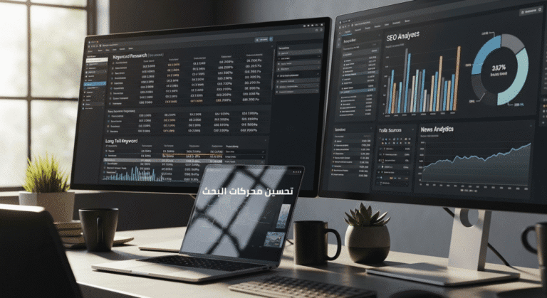 "Close-up of a sleek workspace featuring laptop and large monitors displaying keyword research, SEO metrics, and news website analytics, minimalistic design, soft natural lighting, realistic style, high-resolution, no text."